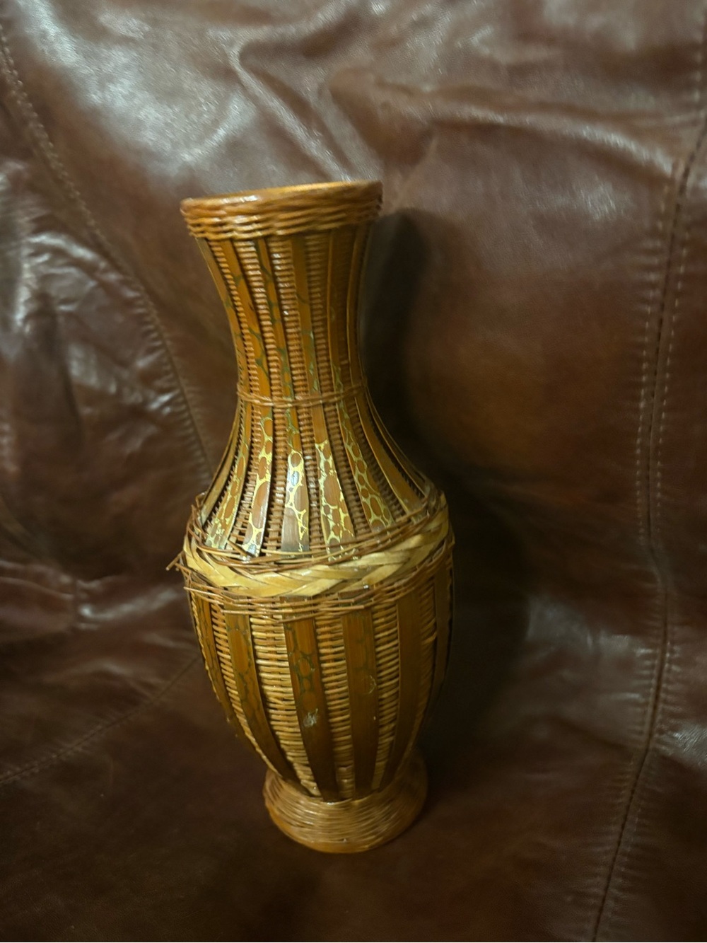 Vintage Tortoiseshell Bamboo and Woven Rattan Vase